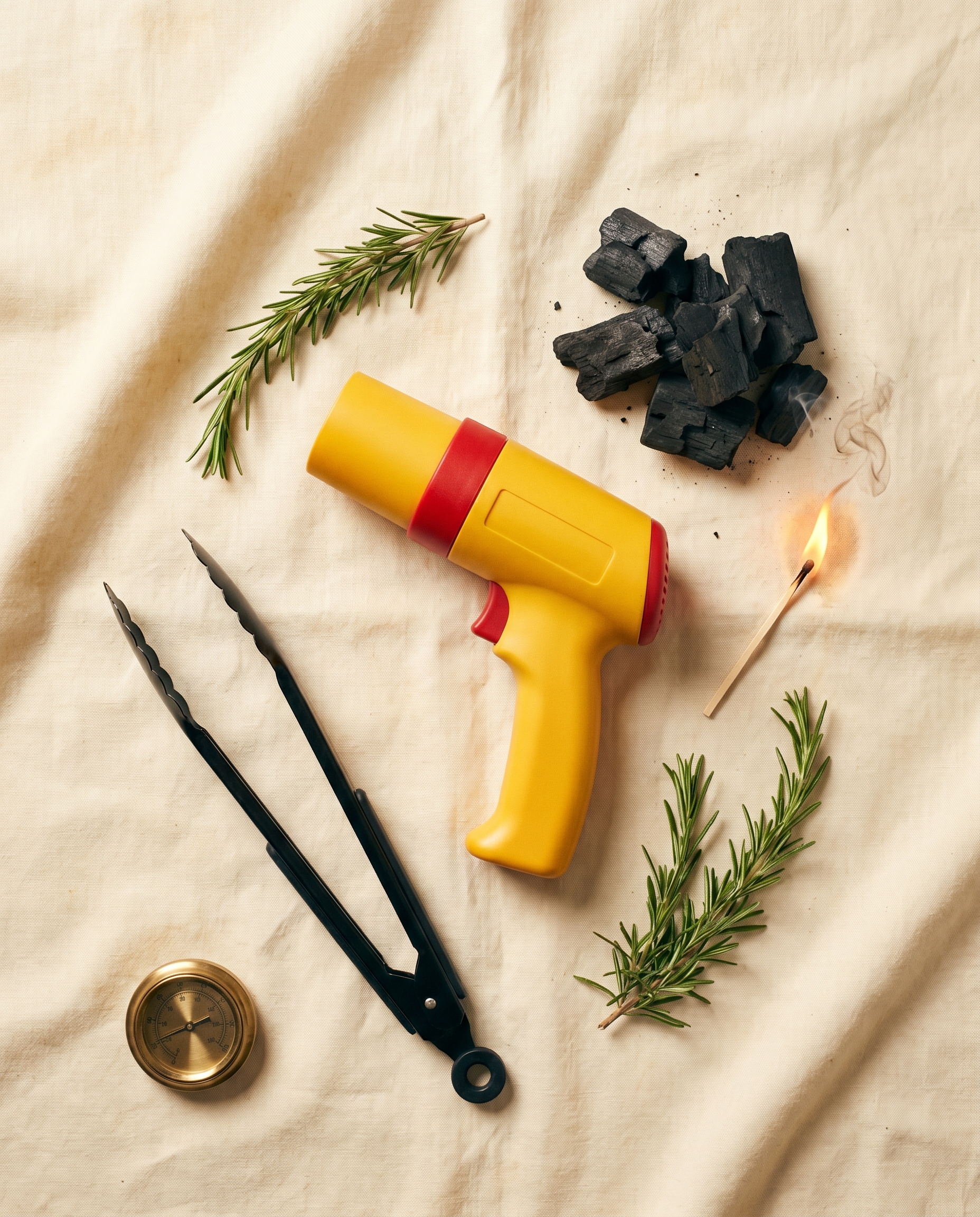 Föhnie met BBQ-gereedschap op linnen