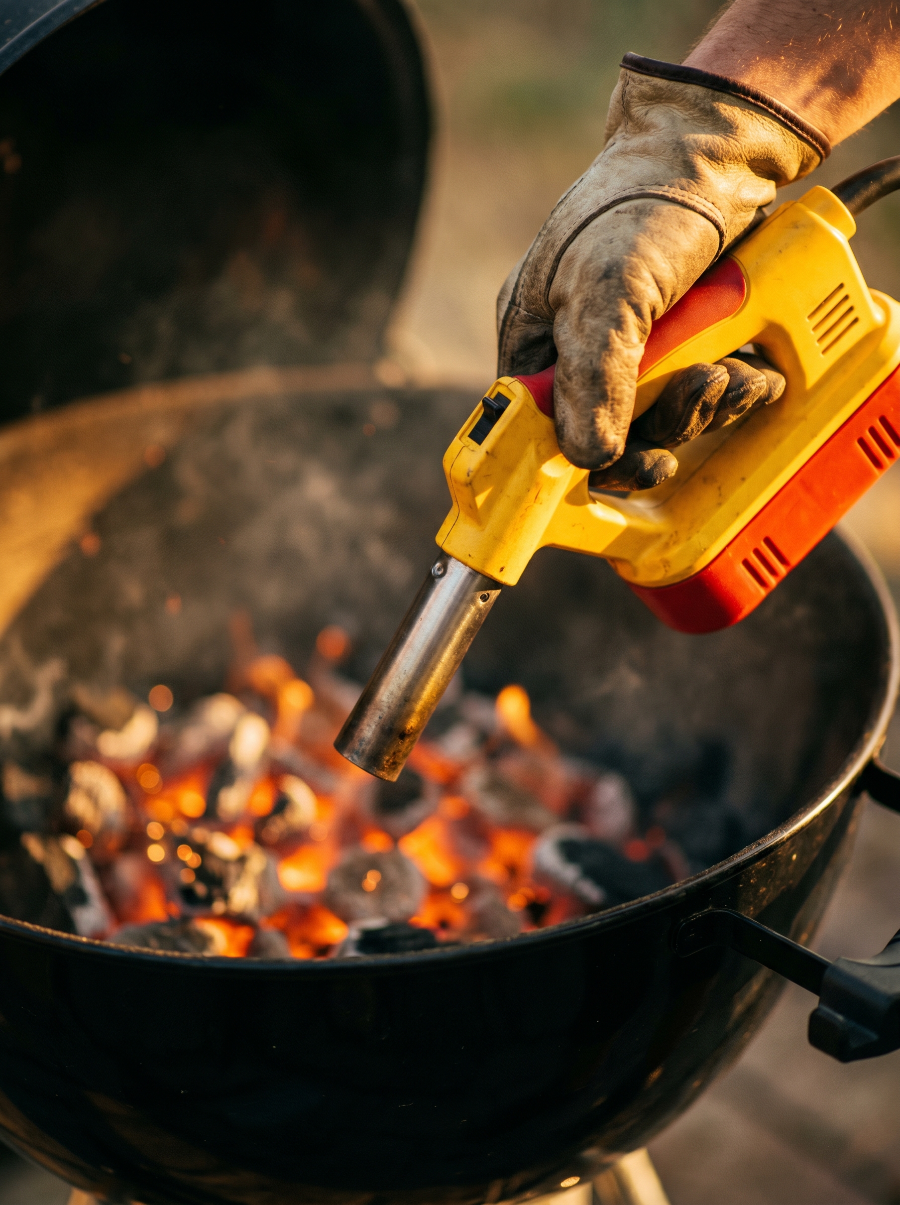 Föhnie in gebruik boven gloeiende kolen